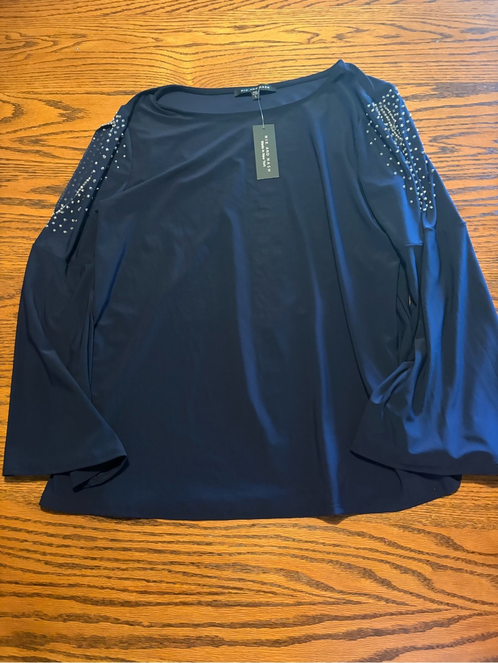 Karen Kane Navy Long-Sleeve Top with Beaded Shoulders